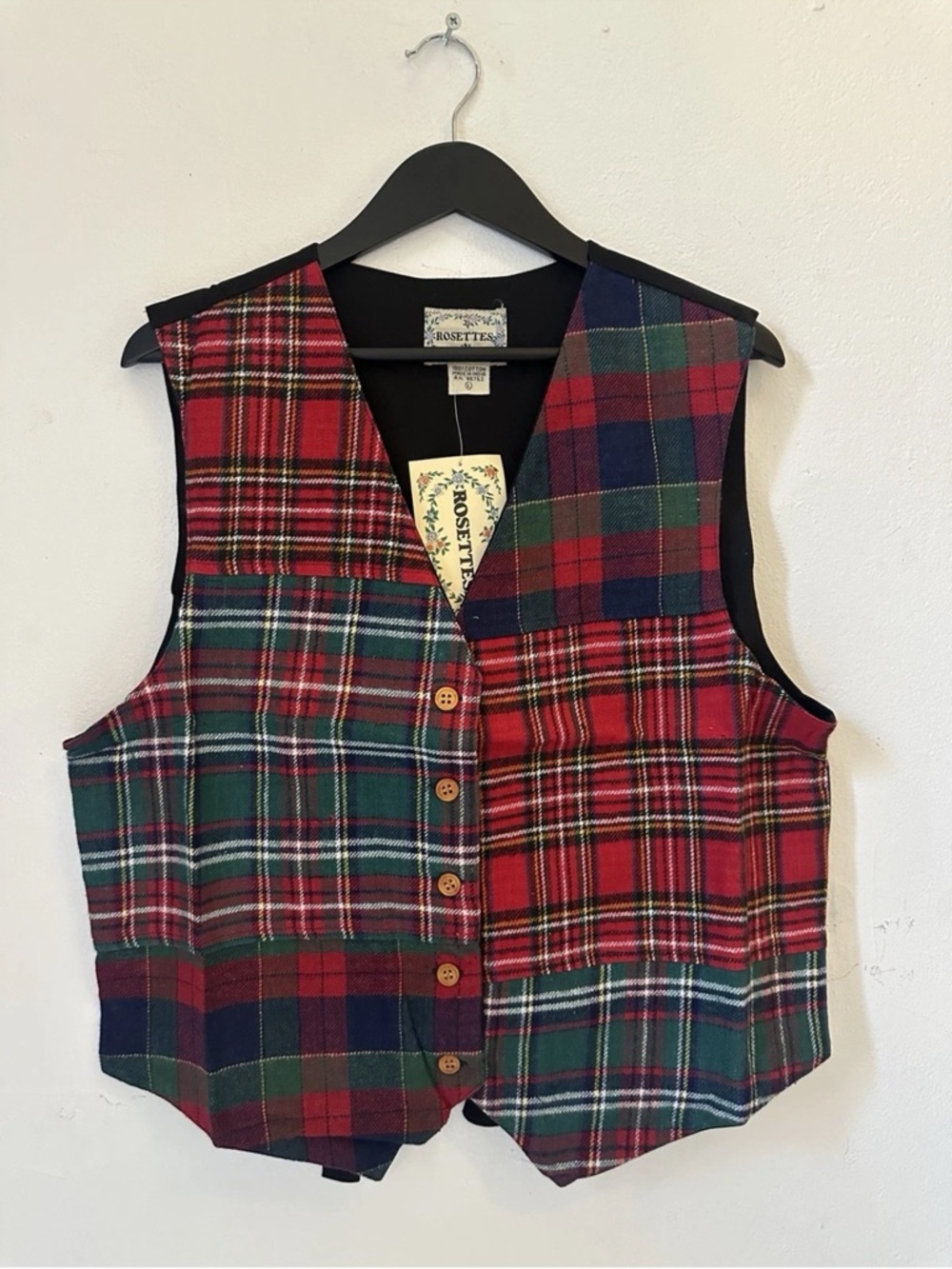 Vintage Rosettes Patchwork Plaid Vest Women’s L Tartan Button Front Cotton USA